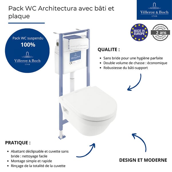 VILLEROY ET BOCH - Pack WC sans bride  Architectura avec abattant + bâti-support sol et mur Viconnect PRO + plaque blanche - large