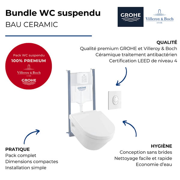 VILLEROY ET BOCH - WC suspendu sans bride  Architectura + abattant + bati support + plaque de commande blanche - large