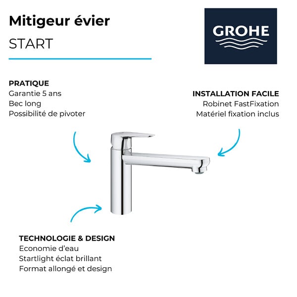 GROHE - Robinet de cuisine bec médium Start Flow Quickfix chromé + nettoyant GrohClean - large