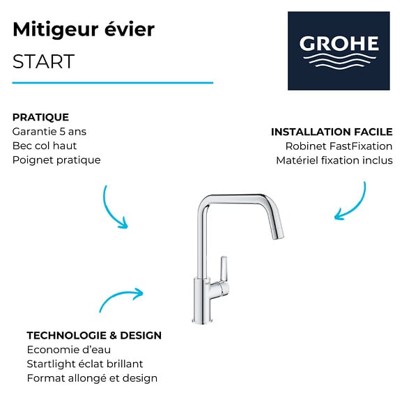 GROHE - Robinet de cuisine monocommande Start 2021 chromé + microfibre - large