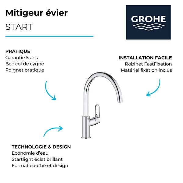 GROHE - Robinet de cuisine Start Flow Quickfix + nettoyant GrohClean - large