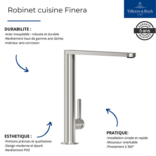 VILLEROY ET BOCH - Evier  Architectura 60 vidage auto + Robinet de cuisine Finera Acier Massif - large