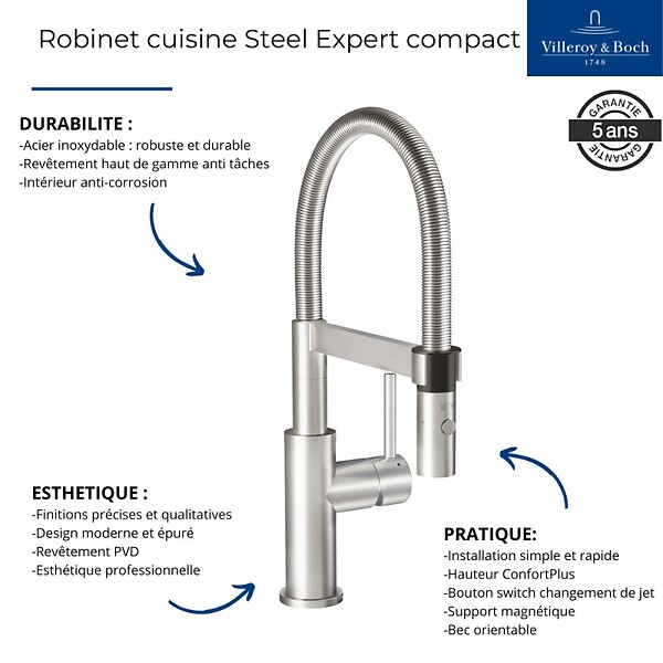 VILLEROY ET BOCH - Evier  Subway Pure 60 égouttoir à droite vidage auto + Robinet de cuisine Steel Expert Compact Anthracite - large