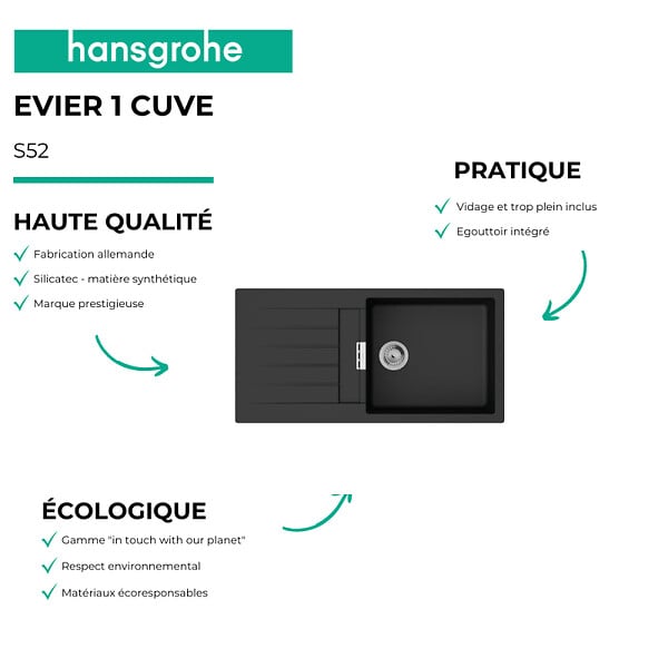 HANSGROHE - Evier 1 bac 980 S52 synthèse noir + robinet de cuisine Logis M31 120 chromé - large