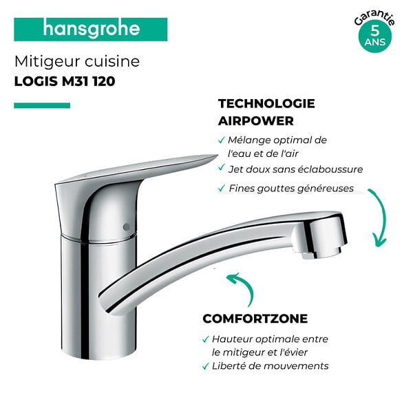 HANSGROHE - Evier 1 bac 980 S52 synthèse noir + robinet de cuisine Logis M31 120 chromé - large