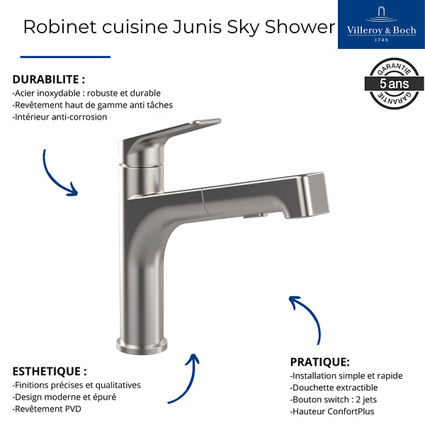 VILLEROY ET BOCH - Evier  Architectura 60 + Robinet de cuisine Junis Sky Shower - large