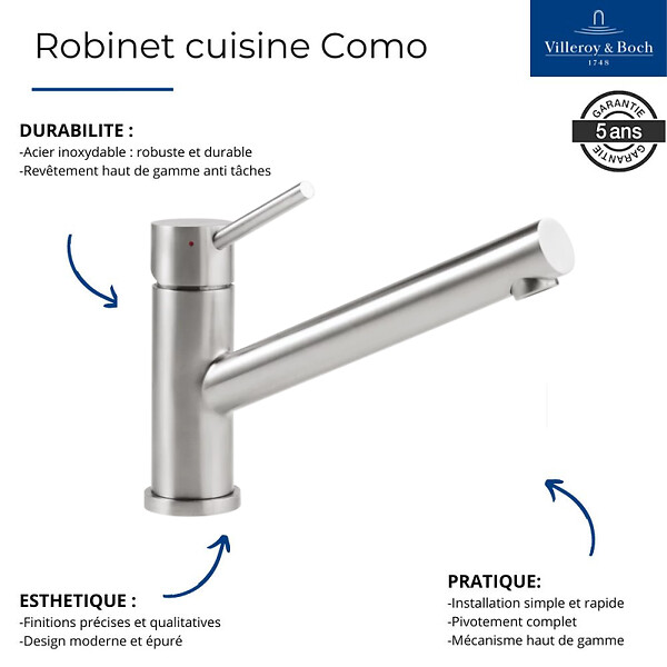 VILLEROY ET BOCH - Evier  Architectura 60 vidage auto + Robinet de cuisine Como Acier Massif - large