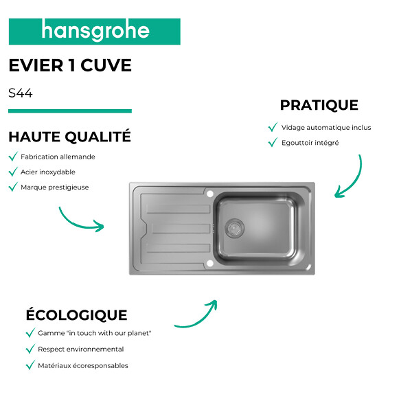 HANSGROHE - Evier 1 bac HANSGROHE S44 inox + robinet de cuisine HANSGROHE Logis M31 120 chromé - large
