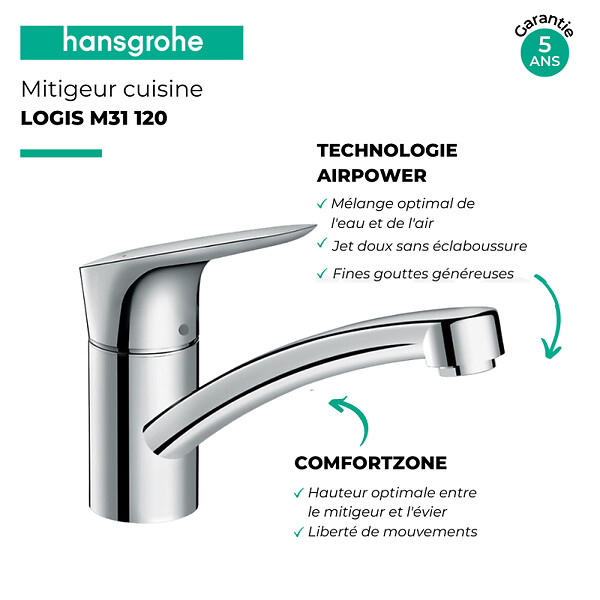 HANSGROHE - Evier 1 bac HANSGROHE S44 inox + robinet de cuisine HANSGROHE Logis M31 120 chromé - large
