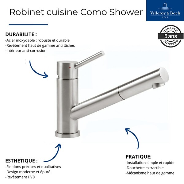 VILLEROY ET BOCH - Evier  Architectura 60 vidage auto + Robinet de cuisine Como Shower Acier Massif - large