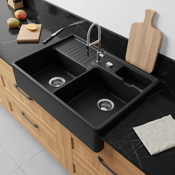 VILLEROY ET BOCH - Evier 2 cuves timbre office  Tradition Pure Black CeramicPlus avec vidage automatique - large