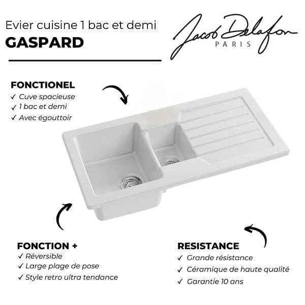 JACOB DELAFON - Evier à encastrer 1 bac et demi Gaspard + robinet cuisine Raphaël - large