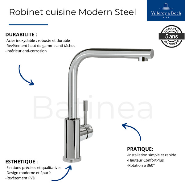 VILLEROY ET BOCH - Evier  Subway Pure 60 égouttoir à droite vidage auto + Robinet de cuisine Modern Steel Acier Massif - large