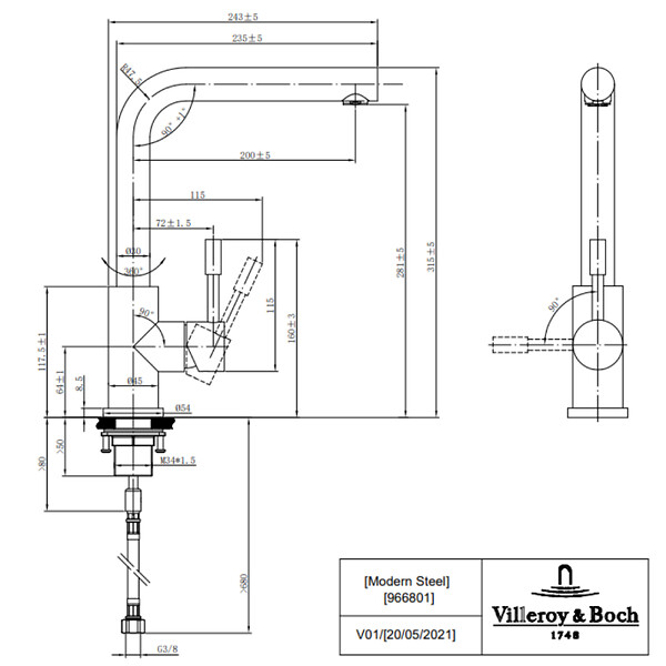 VILLEROY ET BOCH - Evier  Subway Pure 60 égouttoir à droite vidage auto + Robinet de cuisine Modern Steel Acier Massif - large