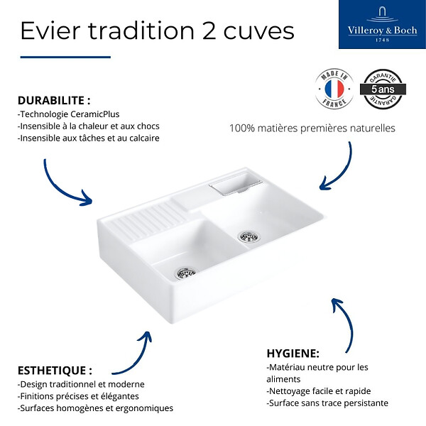 VILLEROY ET BOCH - Evier  Timbre d'office Tradition 2 cuves vidage auto + Robinet de cuisine Avia 2.0 Acier Massif - large