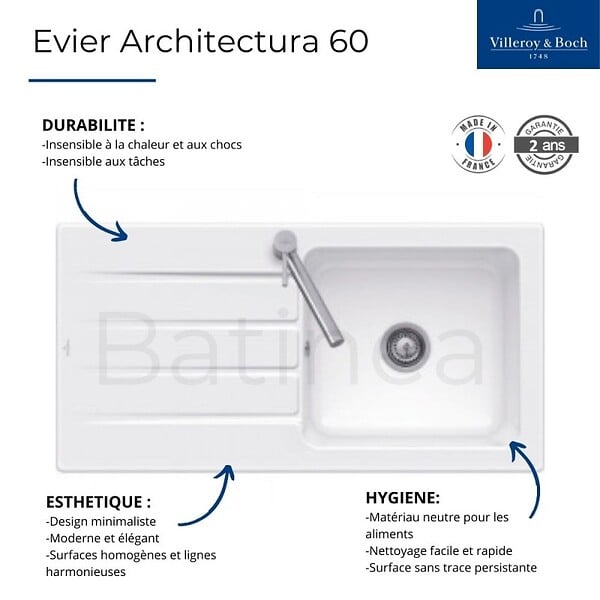 VILLEROY ET BOCH - Evier 100 x 51 cm  Architectura 60 Blanc + Robinet cuisine Bauloop - large