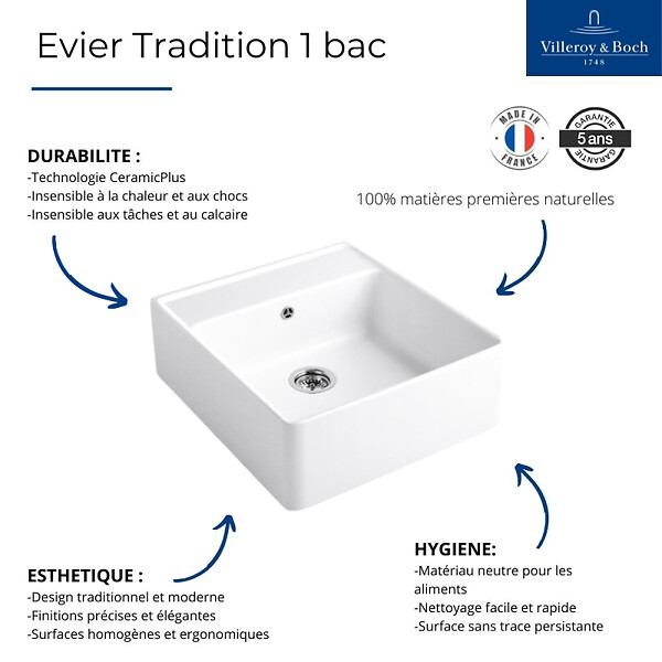 VILLEROY ET BOCH - Evier  Timbre d'office Tradition 1 cuve vidage auto + Robinet de cuisine Avia 2.0 Acier Massif - large