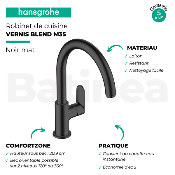 HANSGROHE - Evier 1 bac 840 S52 synthèse noir + robinet de cuisine Vernis Blend M35 210 noir mat - large