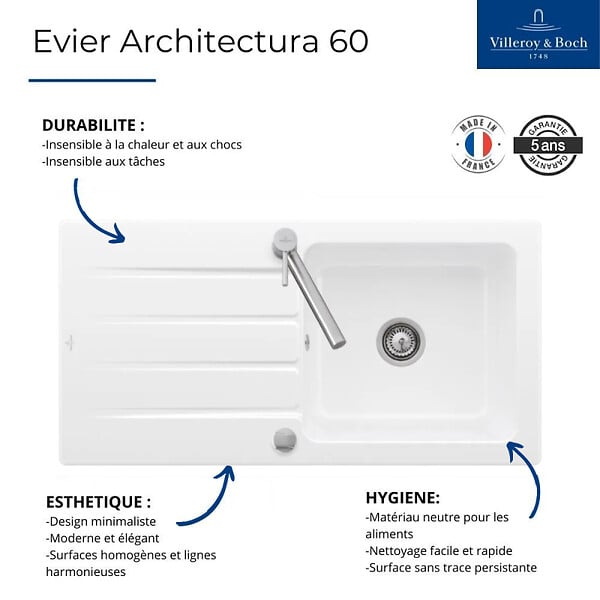 VILLEROY ET BOCH - Evier  Architectura 60 vidage auto + Robinet de cuisine Como Window Acier Massif - large