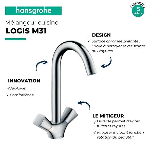 HANSGROHE - Mélangeur cuisine Logis Hansgrohe - Tête céramique - Orientable - Chrome - large
