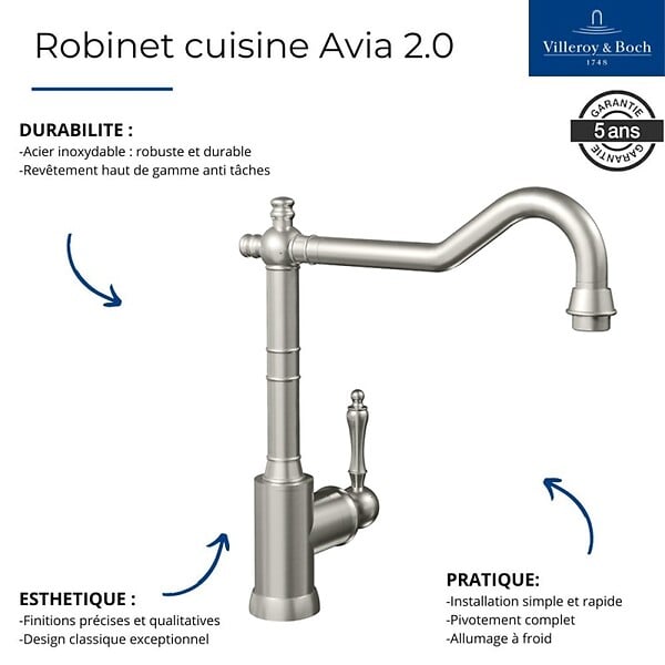 VILLEROY ET BOCH - Robinet cuisine  Avia 2.0 Acier massif + nettoyant - large