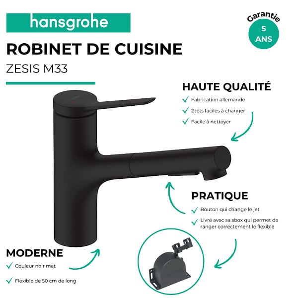 HANSGROHE - Robinet de cuisine avec douchette Zesis M33 150 sBox 2 jets noir mat - large