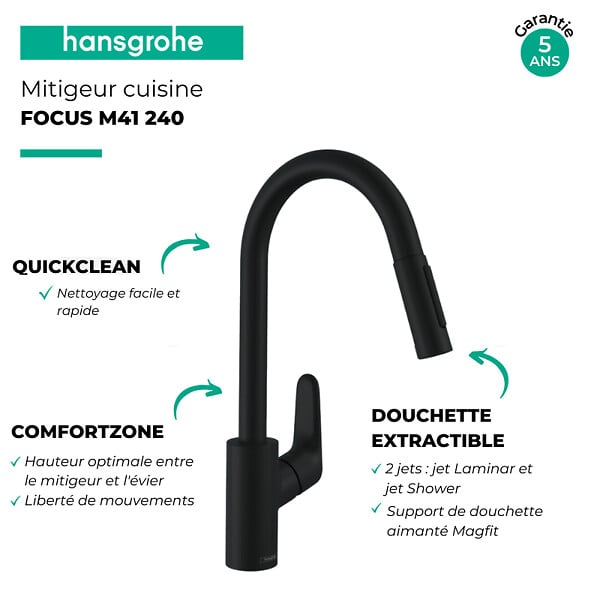 HANSGROHE - Robinet de cuisine avec douchette Focus M41 240 2 jets noir mat + nettoyant Briochin - large