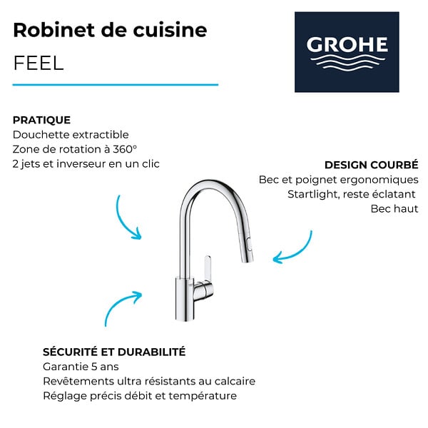 GROHE - Robinet de cuisine avec douchette Feel chromé + nettoyant GrohClean - large