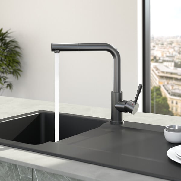 VILLEROY ET BOCH - Robinet cuisine  Steel Shower anthracite + nettoyant - large