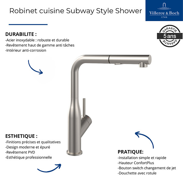 VILLEROY ET BOCH - Robinet cuisine  Subway Style Shower acier massif + nettoyant - large
