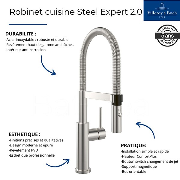 VILLEROY ET BOCH - Robinet cuisine  Steel expert 2.0 acier massif + nettoyant - large