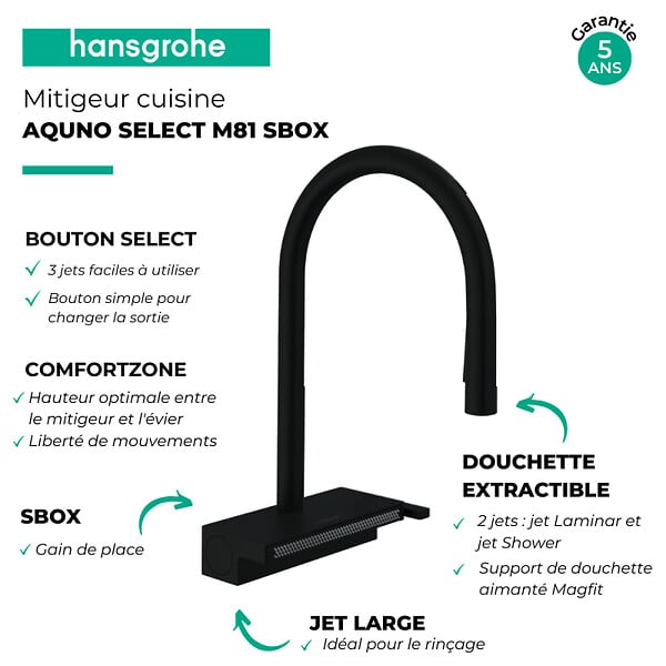 HANSGROHE - Robinet de cuisine avec douchette Aquno Select M81 170 sBox 3 jets noir mat + nettoyant Briochin - large