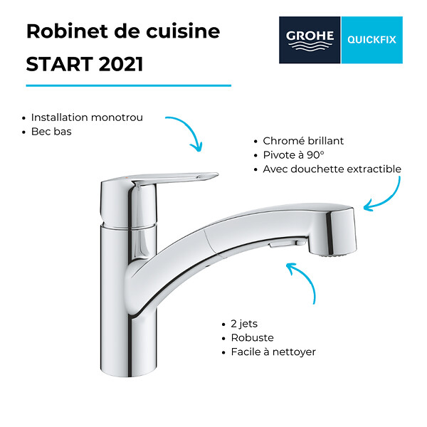 GROHE - Robinet de cusine avec douchette Start 2021 + nettoyant GrohClean - large
