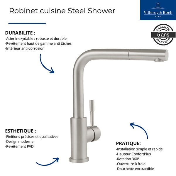 VILLEROY ET BOCH - Robinet cuisine  Steel Shower anthracite - large