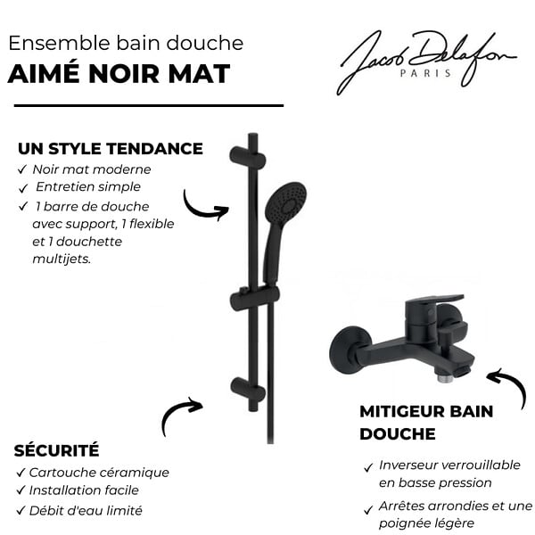 JACOB DELAFON - Pommeau douche 3 jets + mitigeur bain douche mural + barre douche + flexible Aimé noir - large