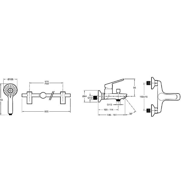 JACOB DELAFON - Pommeau douche 3 jets + mitigeur bain douche mural + barre douche + flexible Aimé noir - large