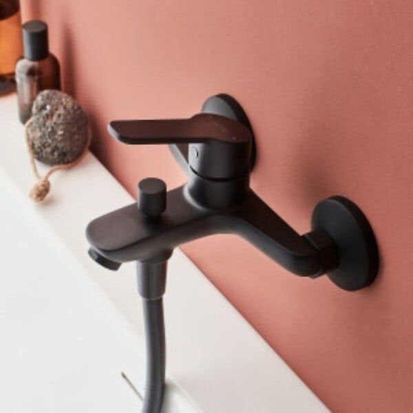 JACOB DELAFON - Pommeau douche 3 jets + mitigeur bain douche mural + barre douche + flexible Aimé noir - large