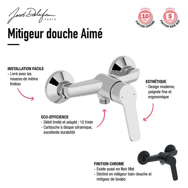 JACOB DELAFON - Mitigeur de douche Aimé noir mat - large
