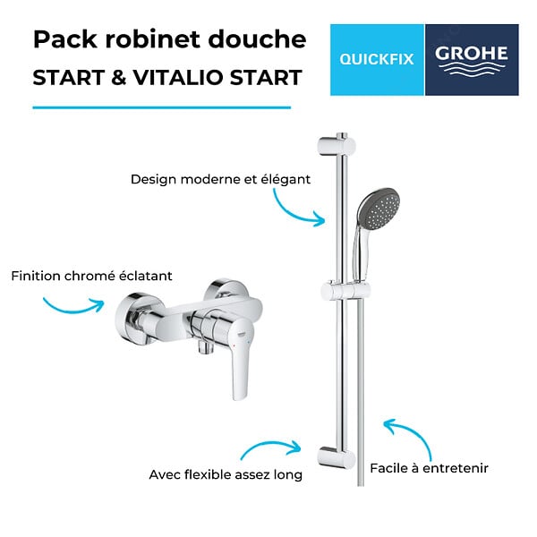 GROHE - Pack mitigeur douche mécanique Start 2021 + ensemble de douche 2 jets Vitalio Start avec barre chromé - large