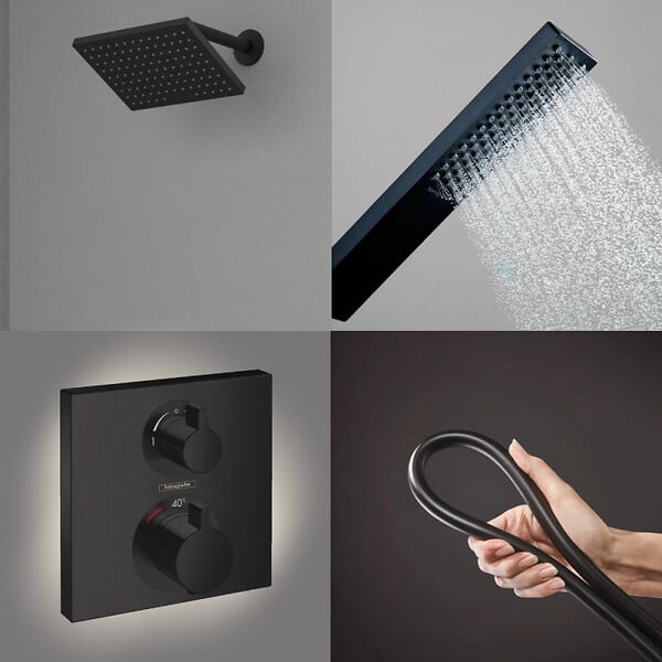 HANSGROHE - Colonne douche thermostatique Ecostat Square Douche de tête Vernis Shape Flexible Isiflex Douchette Pulsify E  noir mat - large