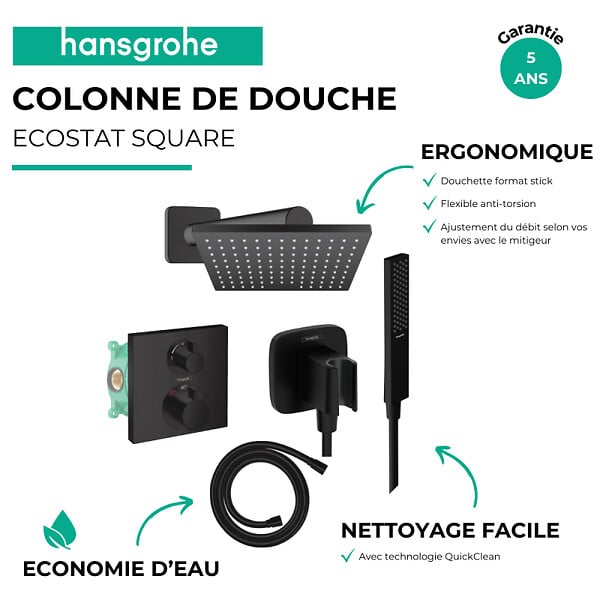HANSGROHE - Colonne douche thermostatique Ecostat Square Douche de tête Vernis Shape Flexible Isiflex Douchette Pulsify E  noir mat - large