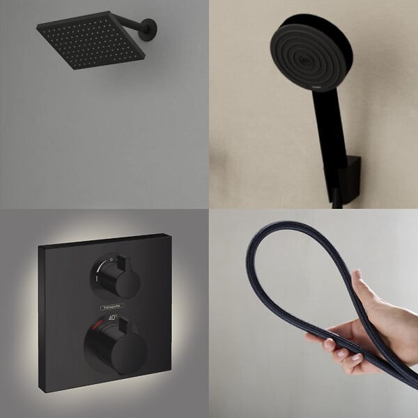 HANSGROHE - Colonne douche thermostatique Ecostat Square Douche de tête Vernis Shape Flexible Designflex Douchette Pulsify noir mat - large