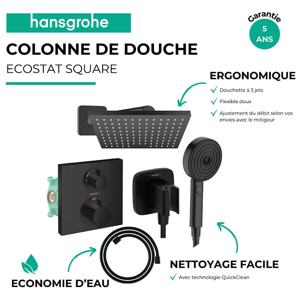 HANSGROHE - Colonne douche thermostatique Ecostat Square Douche de tête Vernis Shape Flexible Designflex Douchette Pulsify noir mat - large