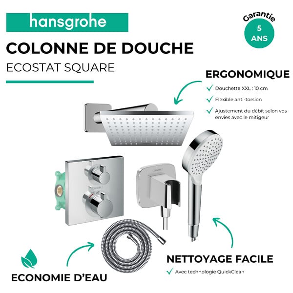 HANSGROHE - Colonne douche thermostatique Ecostat Square Douche de tête Vernis Shape Flexible Metaflex Douchette Crometta chromé - large