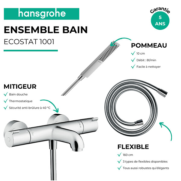 HANSGROHE - Pack mitigeur bain thermostatique Ecostat 1001CL + Flexible Metaflex + Pommeau Pulsify E 100 EcoSmart chromé - large