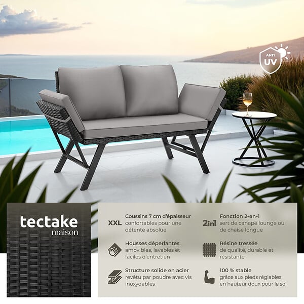 TECTAKE - Canapé lounge en rotin SINTRA 2-en-1 gris clair/noir - large