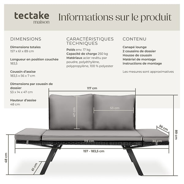 TECTAKE - Canapé lounge en rotin SINTRA 2-en-1 gris clair/noir - large
