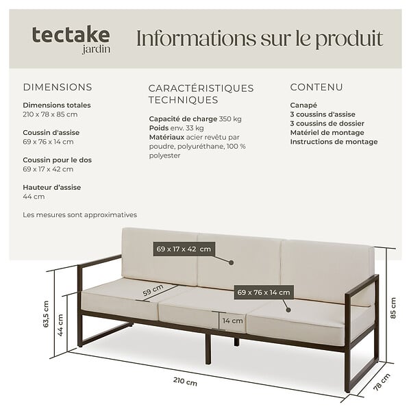 TECTAKE - Canapé de jardin COMOSA 3 places marron/beige - large