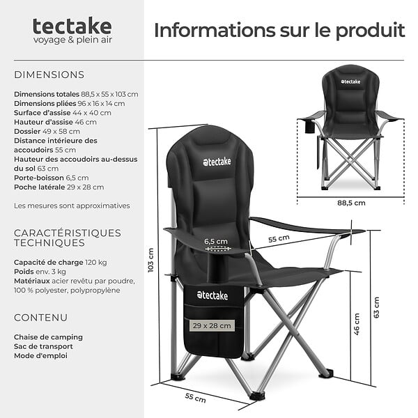 TECTAKE - Chaise de camping rembourrée pliable MTX noir - large