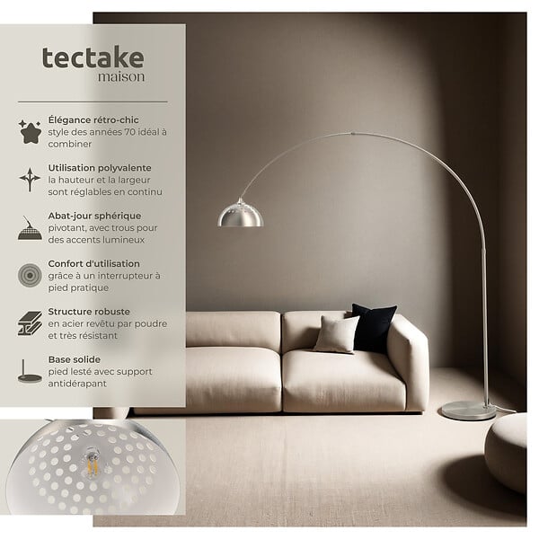 TECTAKE - Lampe sur pied ARCUS en acier style rétro, 60W Nickel mat - large